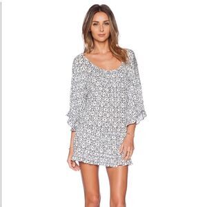 Eberjey Ruffled Tunic Beach Dress Size S/M Open Back White and Blue Long Sleeve